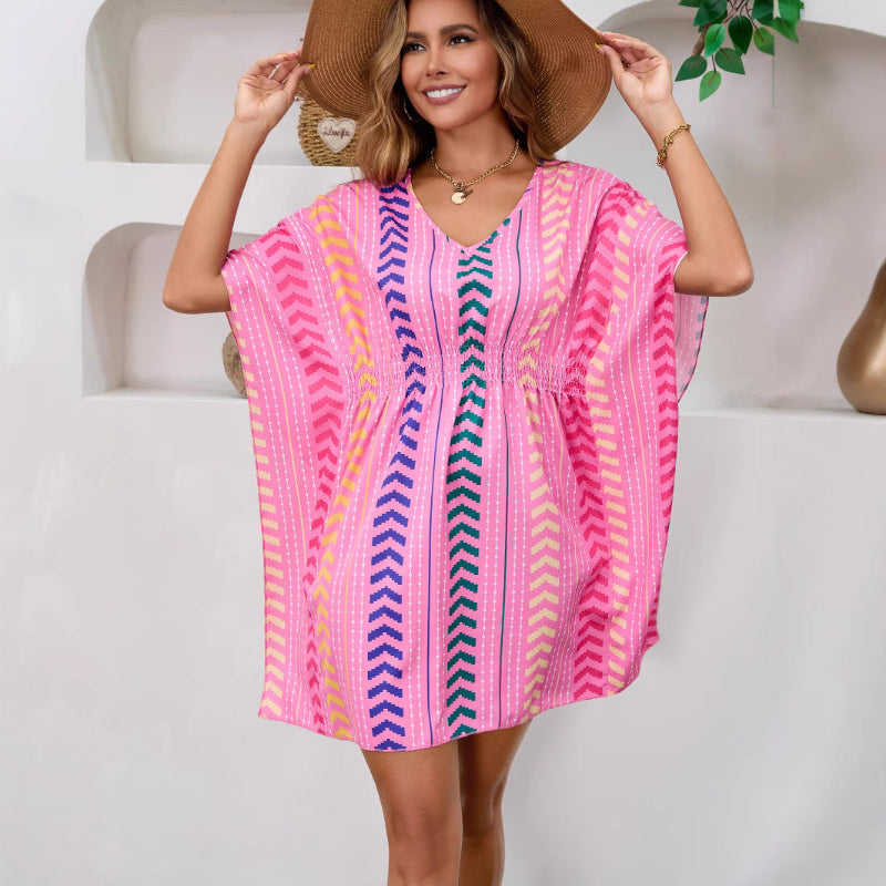 Bohemian Vacation Style Printed Sweet Mini Dress - Pink