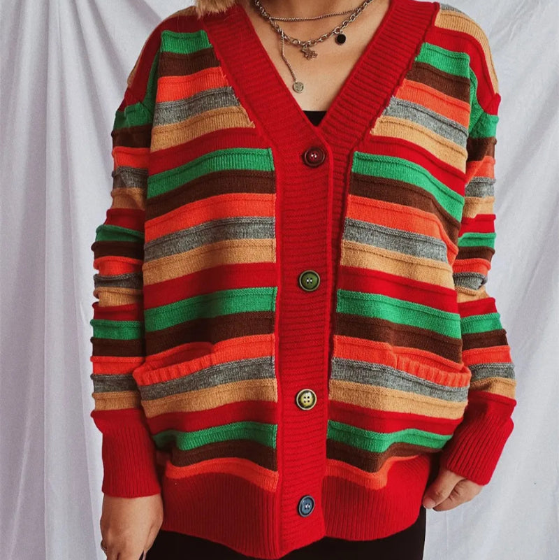 Contrast Stripes Button Up Long Sleeve Cardiganrunwayfashonista.com