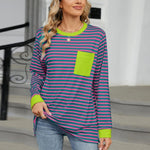 Pocketed Striped Round Neck Long Sleeve T-Shirt - runwayfashionista.com