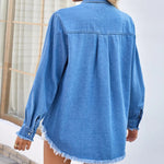 Raw Hem Button Up Long Sleeve Denim Jacket -runwayfashionista.com