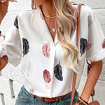 Printed Collared Neck Short Sleeve Blouse - runwayfashionista.com