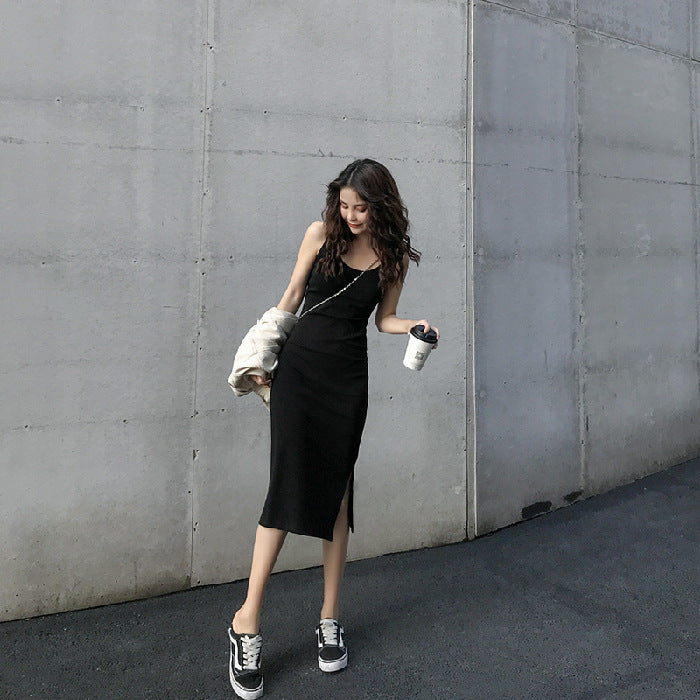 Chic Mid-Length A-Line Strap Dress - black