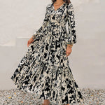 Smocked Printed Tie Neck Long Sleeve Dress -runwayfashionista.com
