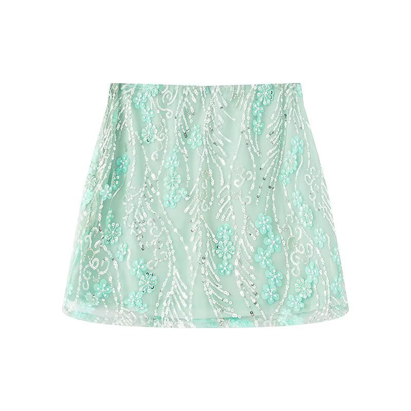 A light green ultra-short A-line skirt featuring 3D embroidery, tulle, and sequin flower details.