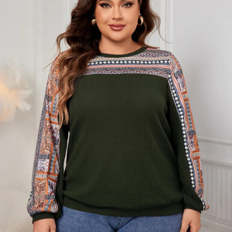 Honey Plus Size Printed Long Sleeve Sweatshirt in Black, Navy, Army Green with geometric print and round neck. Loose fit pullover