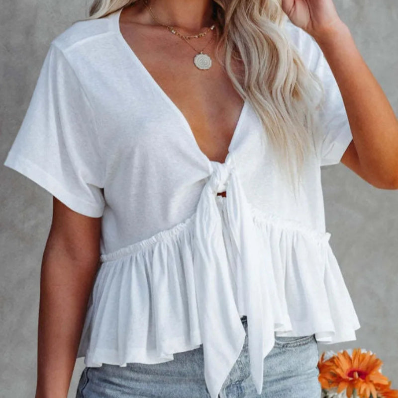 Tied Plunge Short Sleeve Blouse - runwayfashionista.com
