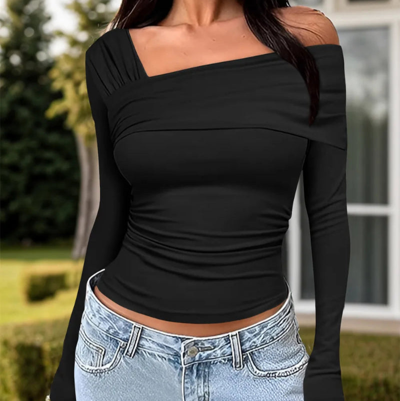 Ruched One Shoulder Long Sleeve T-Shirt - runwayfashionista,.com