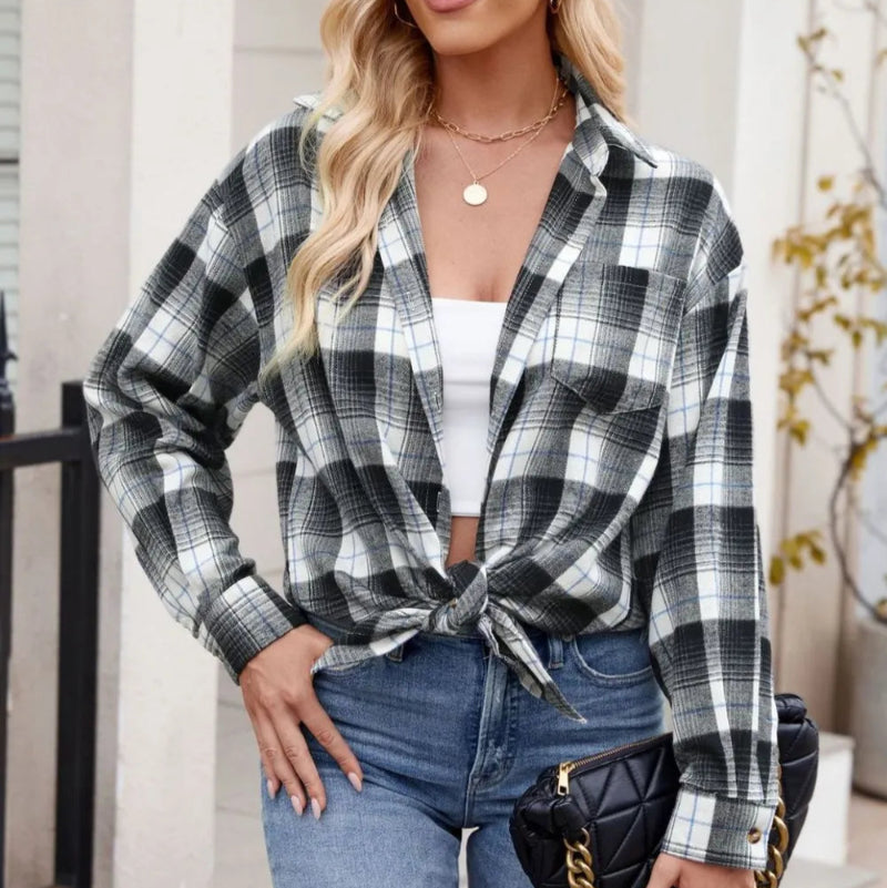 Plaid Collared Neck Long Sleeve Shirt - runwayfashionista.com