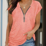 Full Size Half Zip Cap Sleeve T-Shirt -runwayfashionista.com