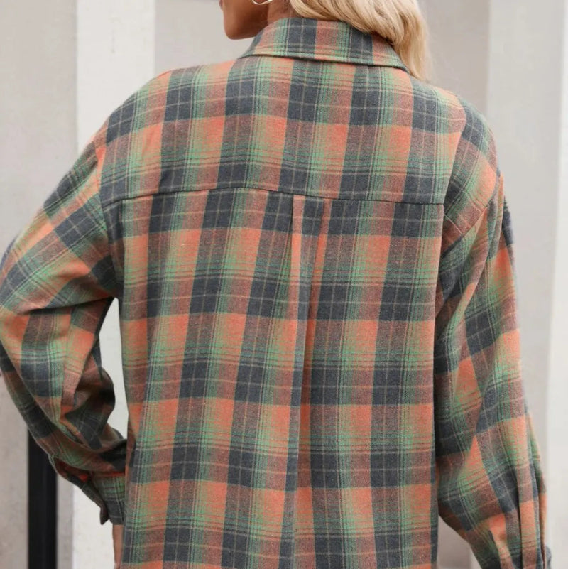 Plaid Collared Neck Long Sleeve Shirt - runwayfashionista.com