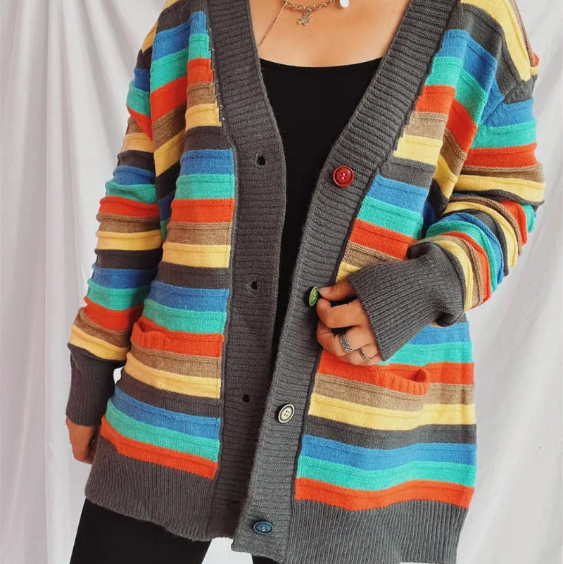 Contrast Stripes Button Up Long Sleeve Cardiganrunwayfashonista.com