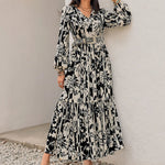 Smocked Printed Tie Neck Long Sleeve Dress -runwayfashionista.com