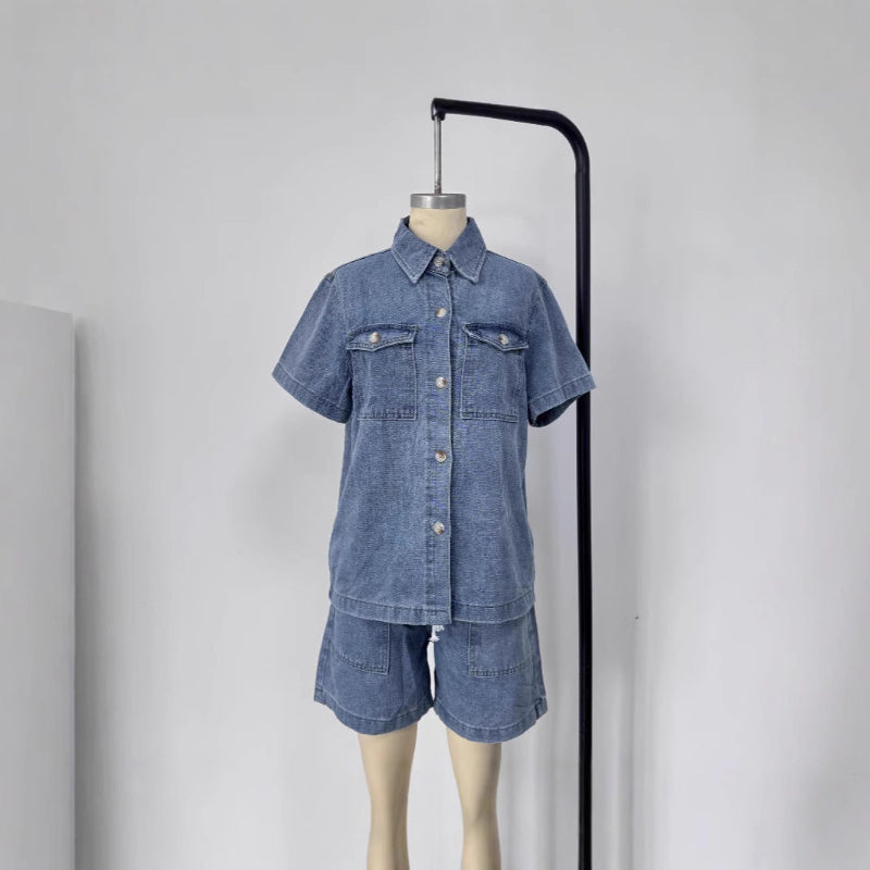 This denim suit features a stretchy elastic waist for bold style and comfortable wear.