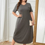 Plus Size Pocketed V-Neck Short Sleeve Lounge Dress - Dark Gray