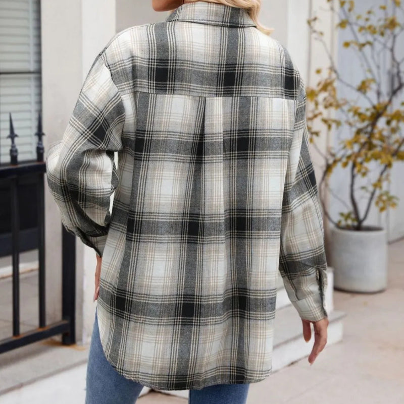 Plaid Collared Neck Long Sleeve Shirt - runwayfashionista.com