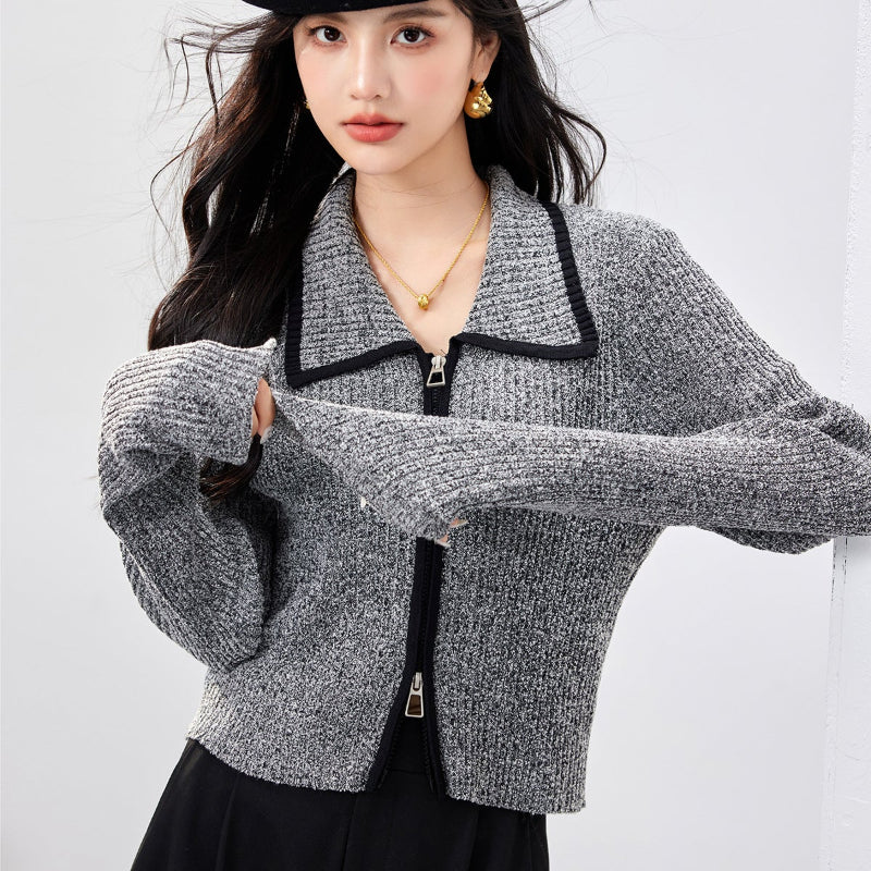 Black and Gray Contrast Double-Zipper Knit Cardigan