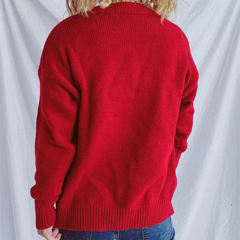 Contrast Star Round Neck Long Sleeve Sweater - runwayfashionista.com