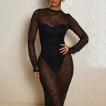 Lace Perspective Splicing Round Neck Tight Midi Dress