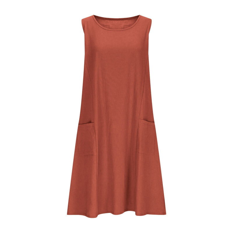 A sleeveless, mid-length A-line tank dress with a round neck.
