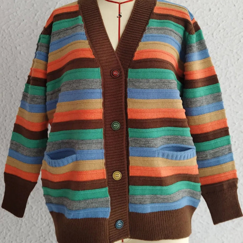 Contrast Stripes Button Up Long Sleeve Cardiganrunwayfashonista.com