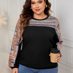 Honey Plus Size Printed Long Sleeve Sweatshirt in Black, Navy, Army Green with geometric print and round neck. Loose fit pullover