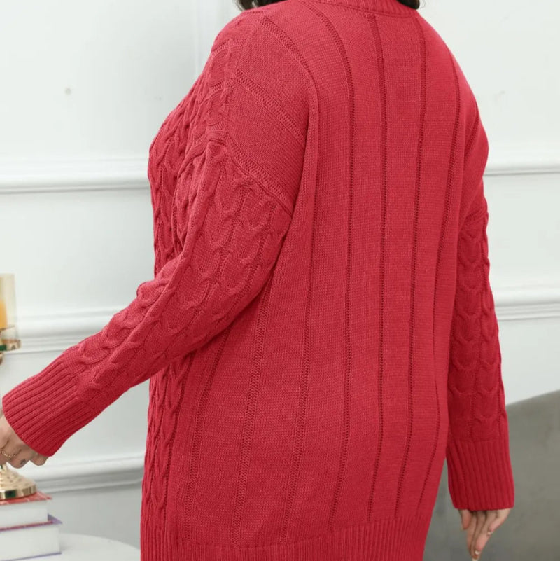 Plus Size Round Neck Long Sleeve Cable-Knit Sweater