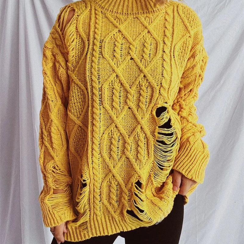 Distressed Cable-Knit Round Neck Long Sleeve Sweater -runwayfashionista.com