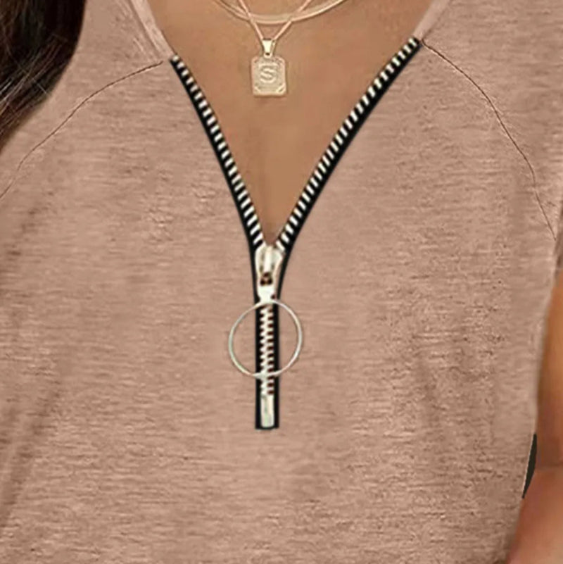 Full Size Half Zip Cap Sleeve T-Shirt -runwayfashionista.com