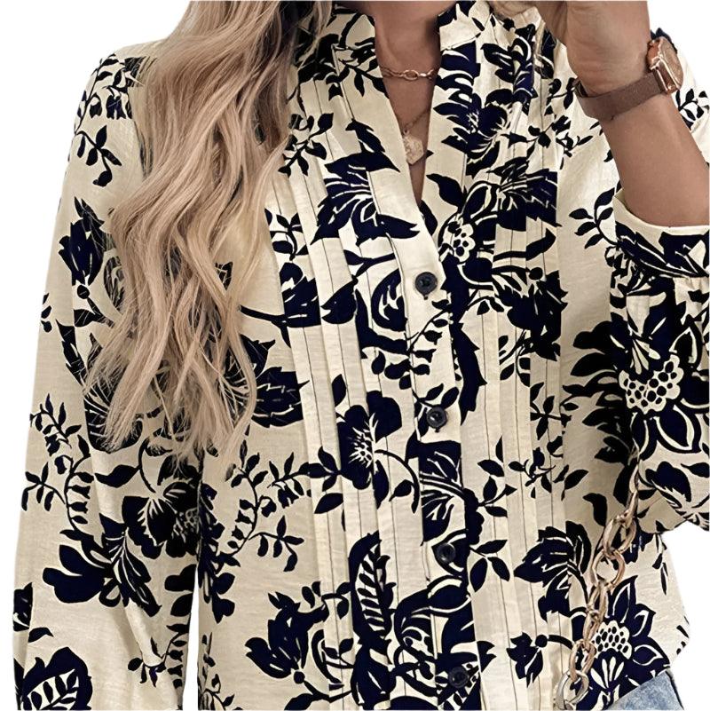 Printed notched long sleeve shirt -runwayfashionista.com