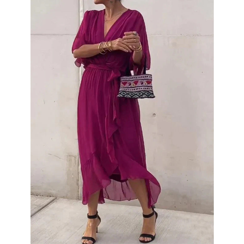 Batwing Sleeve V-neck Midi Dress - purple