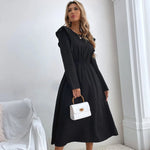 Ruched Ruffled Round Neck Long Sleeve Dress - runwayfashionista.com