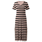 A collection of V-neck casual loose midi dresses with striped patterns and side slits, available in various colors.