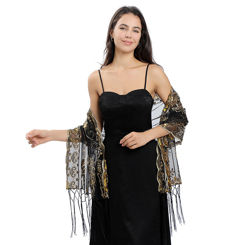 Flower Sequin Embroidered Long Fringe Shawl