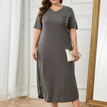 Plus Size Pocketed V-Neck Short Sleeve Lounge Dress - Dark Gray