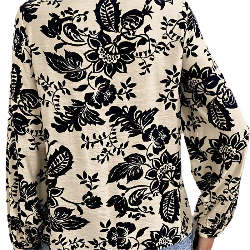 Printed notched long sleeve shirt -runwayfashionista.com