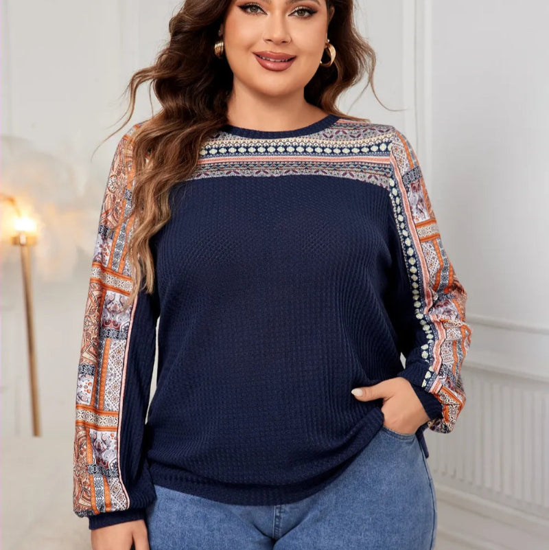 Honey Plus Size Printed Long Sleeve Sweatshirt in Black, Navy, Army Green with geometric print and round neck. Loose fit pullover