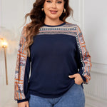 Honey Plus Size Printed Long Sleeve Sweatshirt in Black, Navy, Army Green with geometric print and round neck. Loose fit pullover