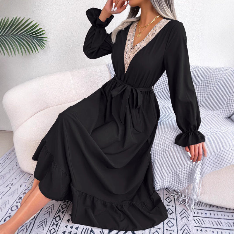 V-Neck Lace Waist Lotus Leaf Dress