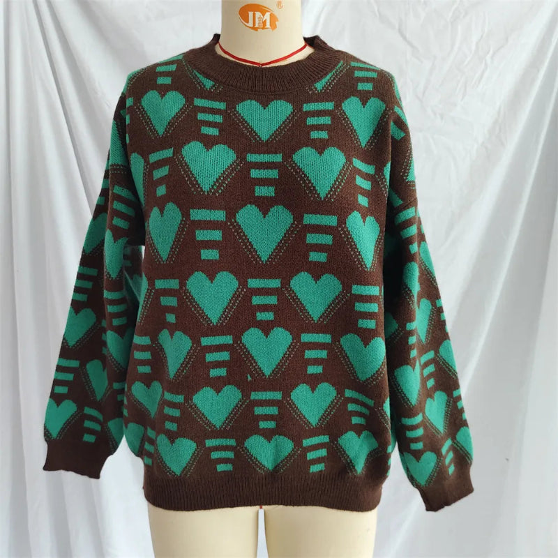 Heart Contrast Long Sleeve Dropped Shoulder Sweater -runwayfashionista.com