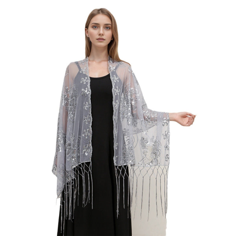 Long Fringe Sequin Embroidered Shawl