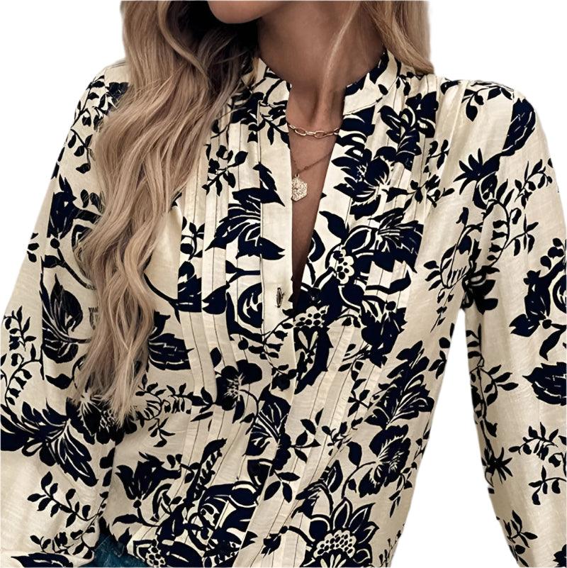 Printed notched long sleeve shirt -runwayfashionista.com