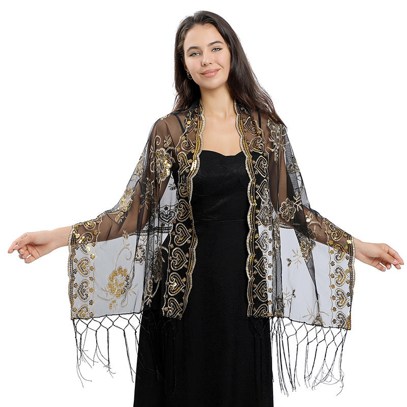 Flower Sequin Embroidered Long Fringe Shawl