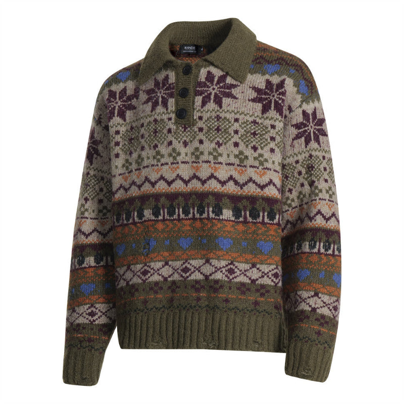Forest Green Jacquard Turn-down Collar Sweater
