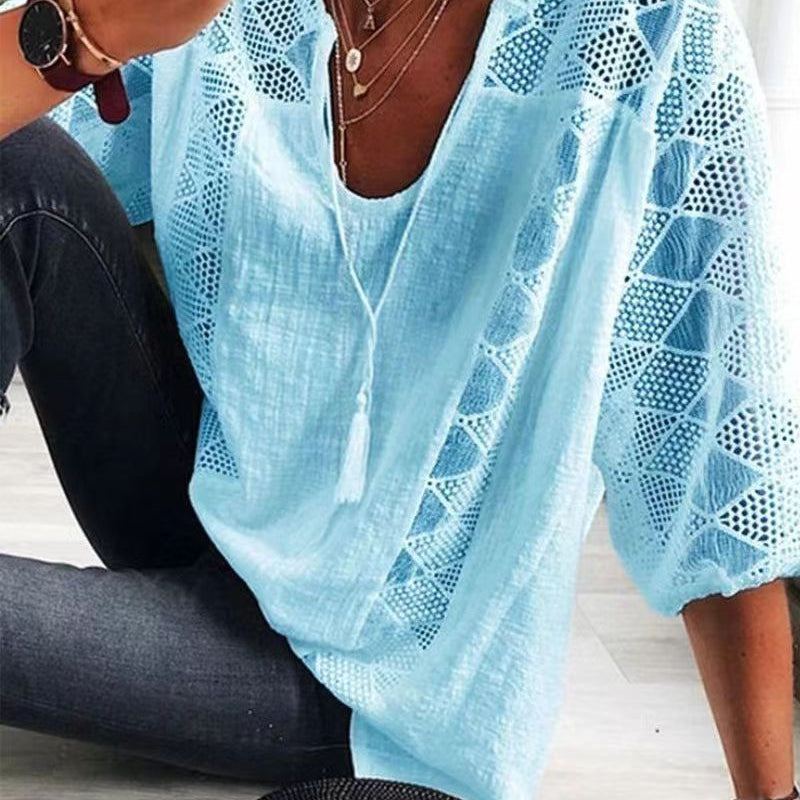 Romantic Sophistication: The U-Neck Hollow Out Lace Patchwork Top - bue