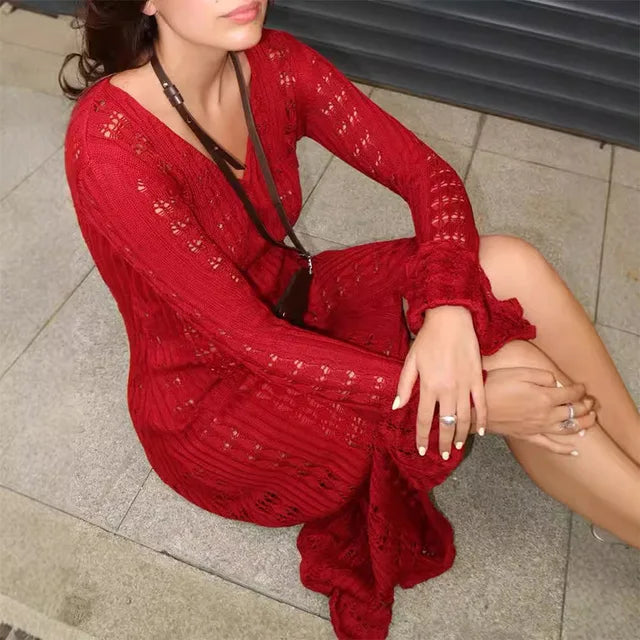 Apricot, Coffee, or Wine Red hollow out horn sleeve woolen cardigan with V-neck, long flared sleeves, high waist, and button-up front. Made of cotton, available in sizes S-L.