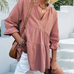 Ruffled Notched Three-Quarter Sleeve Blouse -runwayfashionista.com