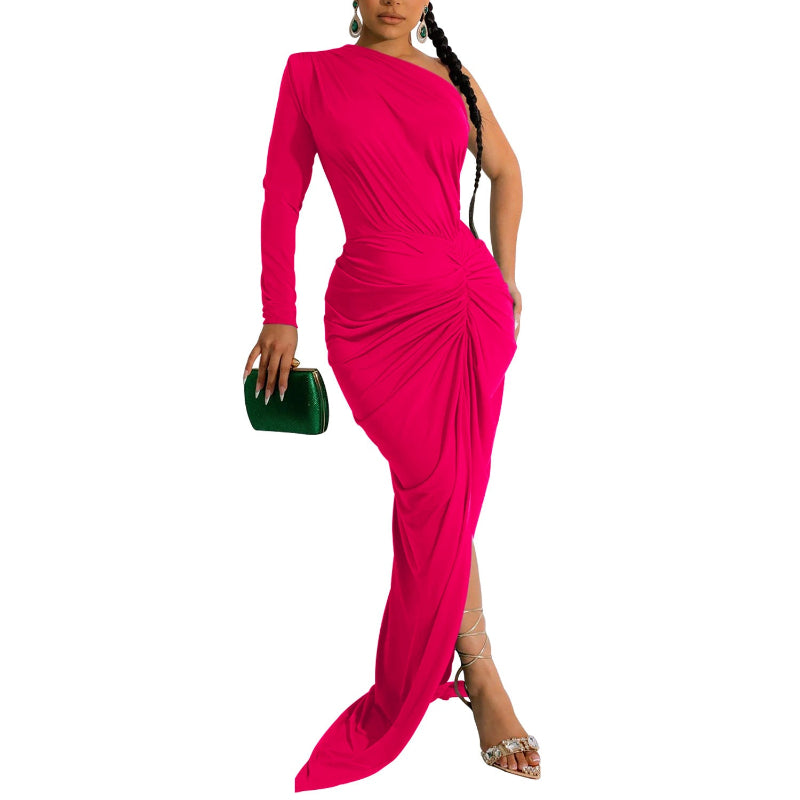 Asymmetrical Neck Single Long Sleeve Maxi Dress with Pleats - pink