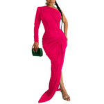 Asymmetrical Neck Single Long Sleeve Maxi Dress with Pleats - pink