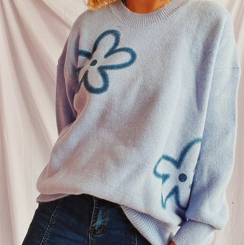 Flower Round Neck Long Sleeve Sweater - runwayfashioniista.com