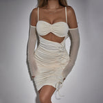 Mesh long sleeved camisole dress with pleated hollow out design